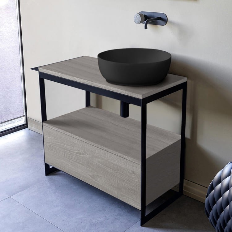 Scarabeo 1807-49-SOL3-88-No Hole Console Sink Vanity With Matte Black Vessel Sink and Grey Oak Drawer